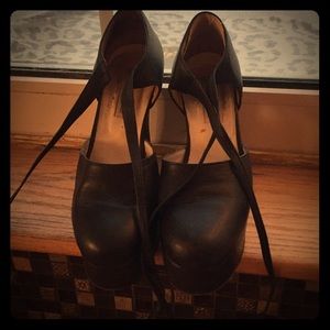Black  leather lace up platform shoes